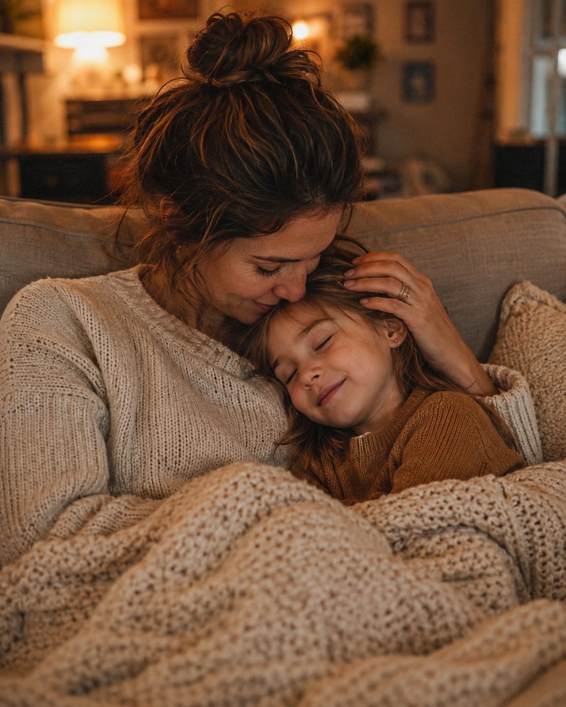 Mutter und Tochter kuscheln entspannt unter einer warmen Decke auf dem Sofa